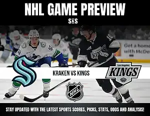 NHL game preview featuring Seattle Kraken vs Los Angeles Kings with players in action and team logos displayed.