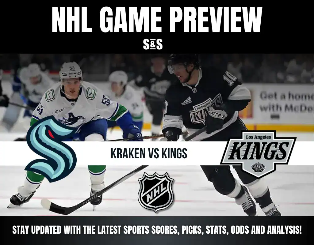 NHL game preview featuring Seattle Kraken vs Los Angeles Kings with players in action and team logos displayed.