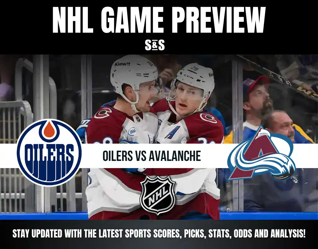NHL game preview graphic featuring Oilers vs Avalanche with players celebrating and team logos displayed.