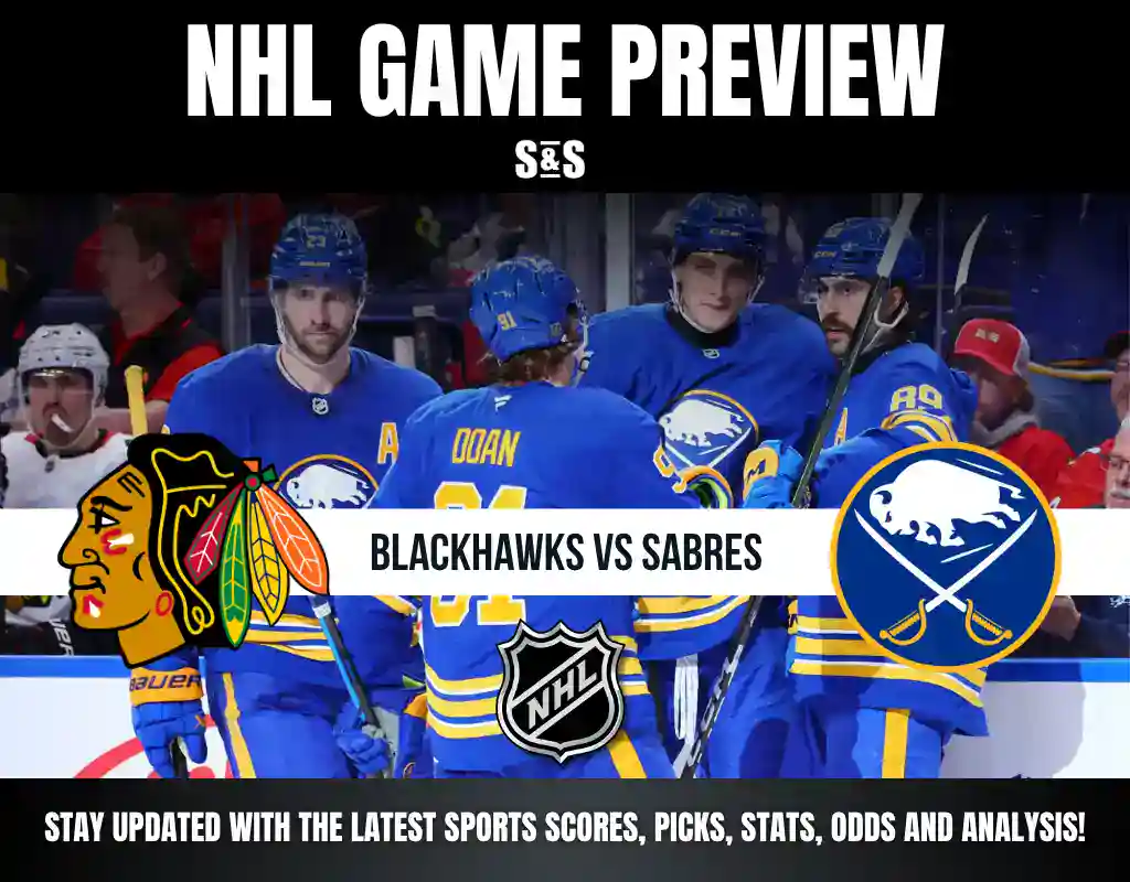 NHL game preview graphic featuring Blackhawks vs Sabres with players in blue Sabres jerseys celebrating on ice.