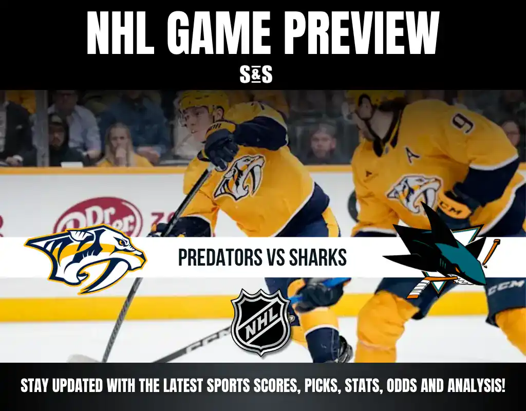 NHL game preview featuring Nashville Predators vs San Jose Sharks with players in yellow jerseys in action on the ice.