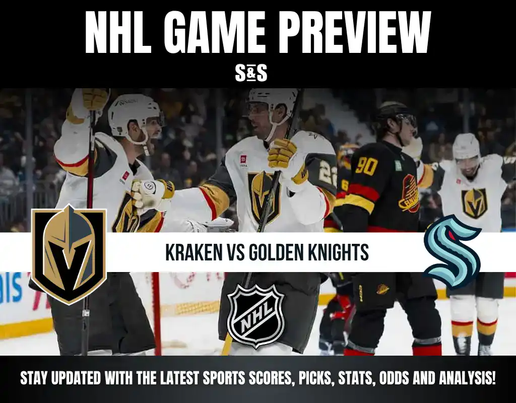 NHL game preview graphic featuring a matchup between Seattle Kraken and Vegas Golden Knights with players on ice and team logos.