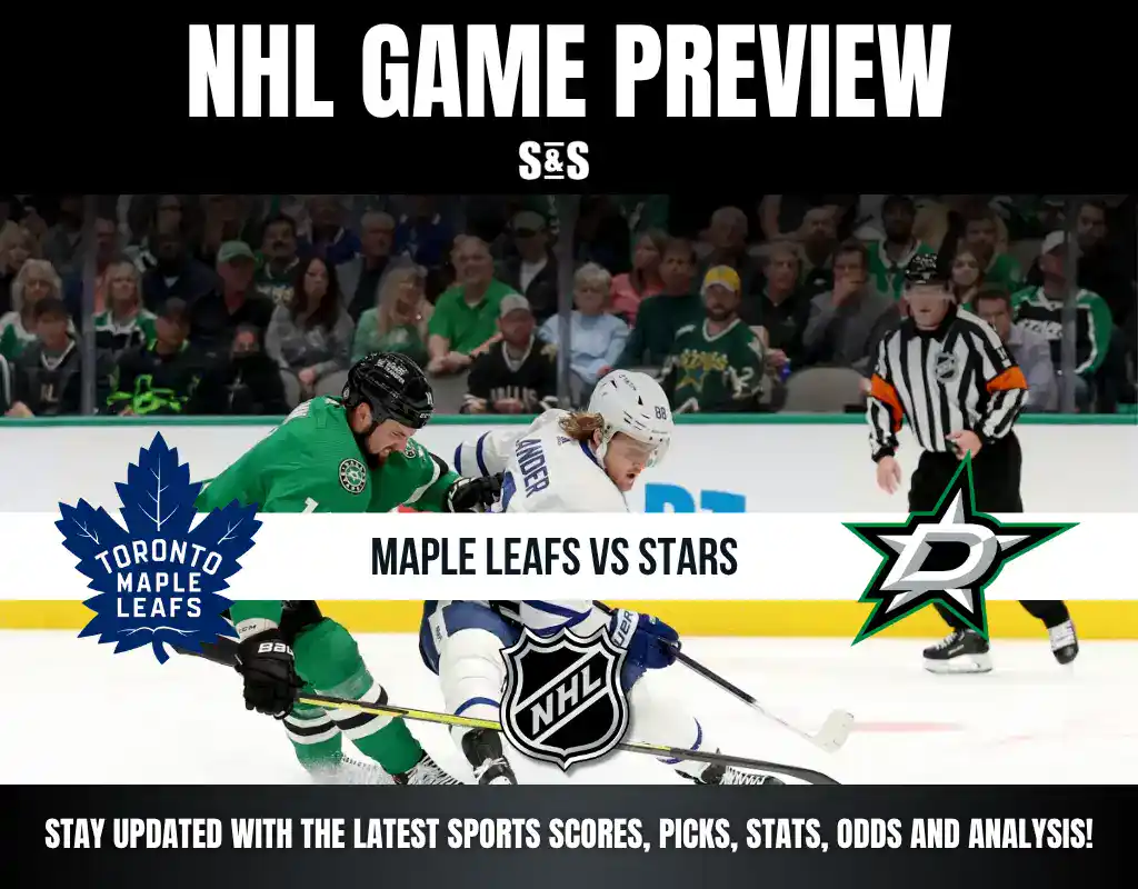 NHL game preview for Toronto Maple Leafs vs Dallas Stars with action shot of players and referee on ice rink.