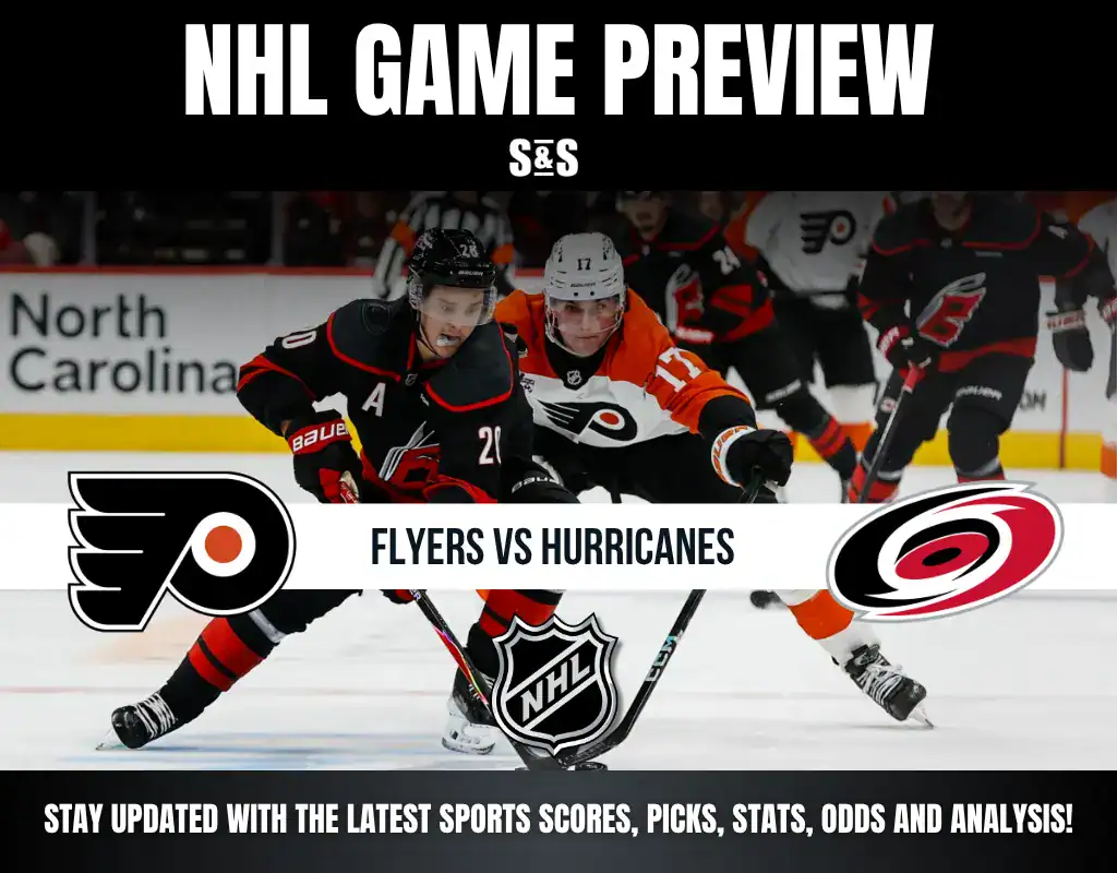 NHL game preview for Flyers vs Hurricanes with players competing on ice and team logos displayed.