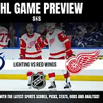 NHL game preview featuring Tampa Bay Lightning vs Detroit Red Wings with players on ice and team logos displayed.