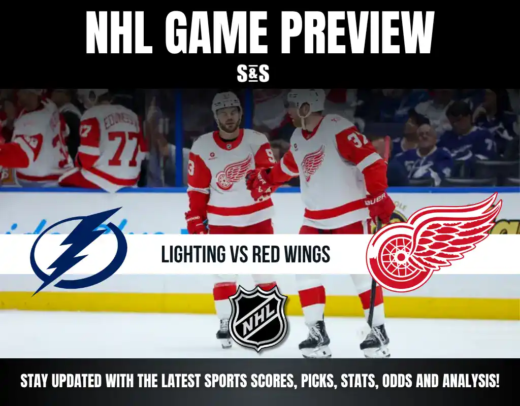 NHL game preview featuring Tampa Bay Lightning vs Detroit Red Wings with players on ice and team logos displayed.