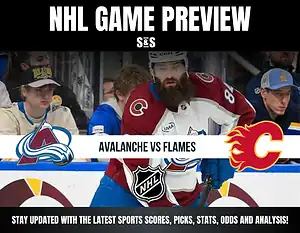 NHL game preview for Avalanche vs Flames featuring a player in an Avalanche jersey on the ice with fans in the background.