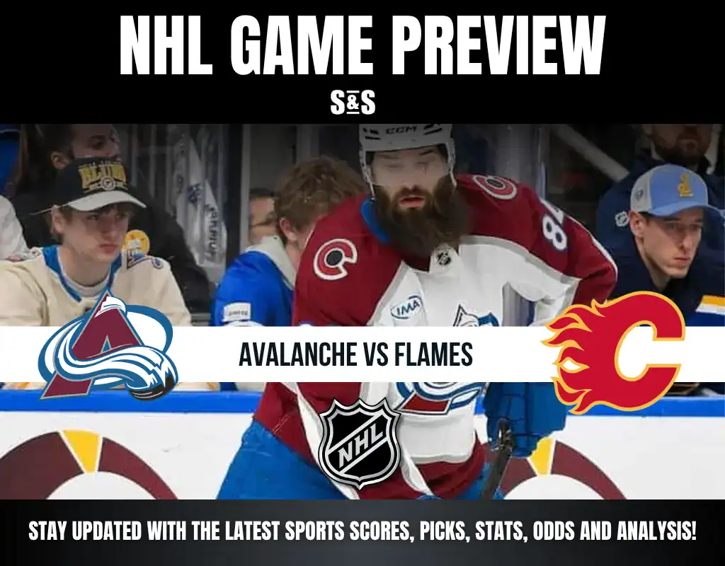 NHL game preview for Avalanche vs Flames featuring a player in an Avalanche jersey on the ice with fans in the background.