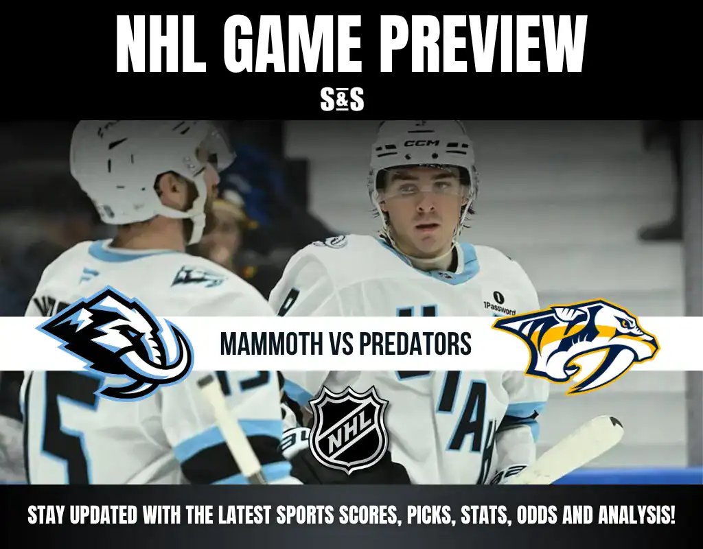NHL game preview showing Mammoth vs. Predators logos with two hockey players in white jerseys in the background.