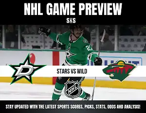 NHL game preview featuring Dallas Stars vs. Minnesota Wild with a player celebrating on the ice and team logos displayed.