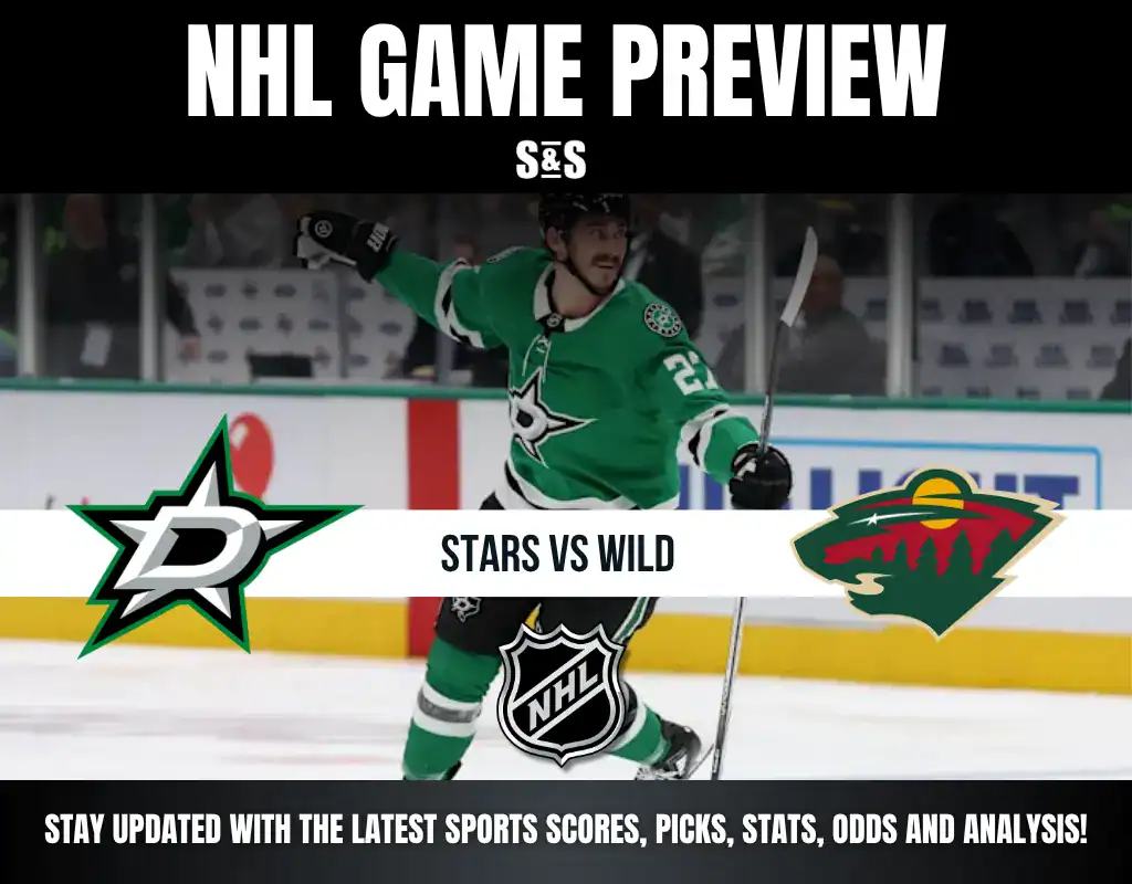 NHL game preview featuring Dallas Stars vs. Minnesota Wild with a player celebrating on the ice and team logos displayed.