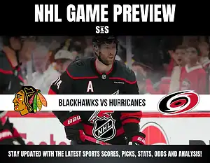 NHL game preview featuring a matchup between the Blackhawks and Hurricanes, with text indicating to stay updated on sports scores, picks, stats, odds, and analysis.