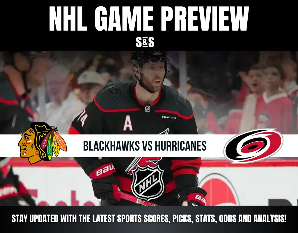 NHL game preview featuring a matchup between the Blackhawks and Hurricanes, with text indicating to stay updated on sports scores, picks, stats, odds, and analysis.