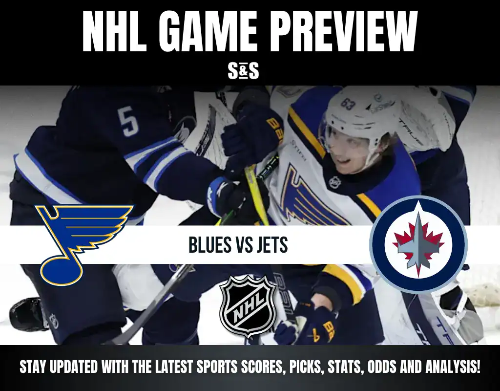 NHL Game Preview graphic featuring the St. Louis Blues vs. Winnipeg Jets, with an emphasis on staying updated with sports scores, picks, stats, odds, and analysis.