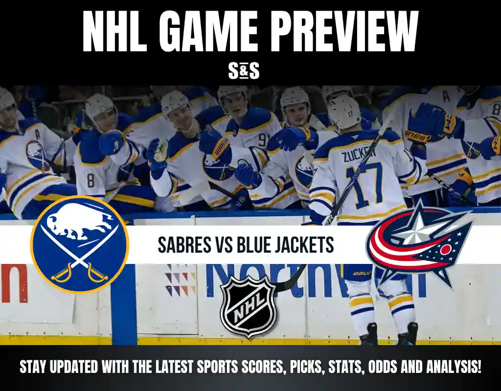 NHL Game Preview featuring the Sabres vs. Blue Jackets with a promotional banner for sports updates and analysis.