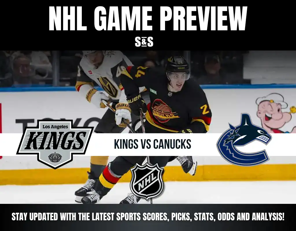 NHL game preview featuring Los Angeles Kings vs Vancouver Canucks with players in action on ice rink and team logos displayed.