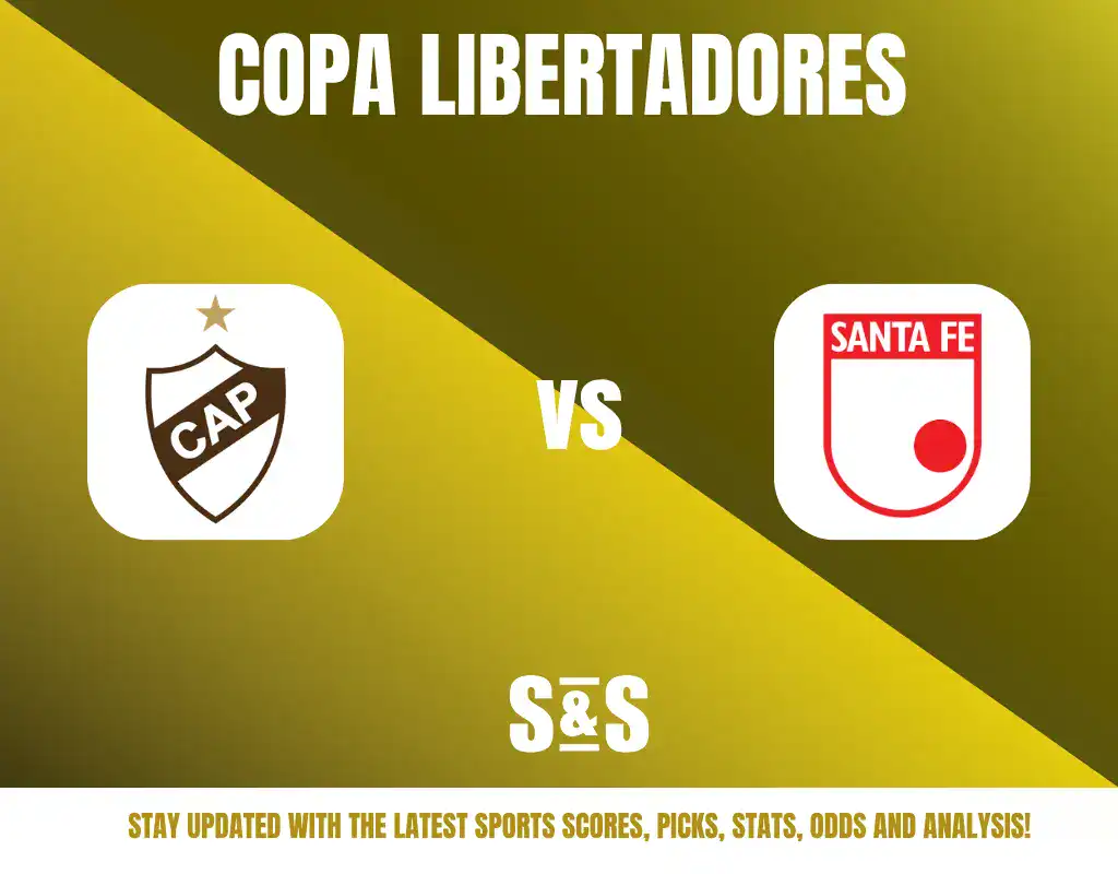 Copa Libertadores logo with team logos for CAP and Santa Fe, featuring a contrasting yellow and white background.