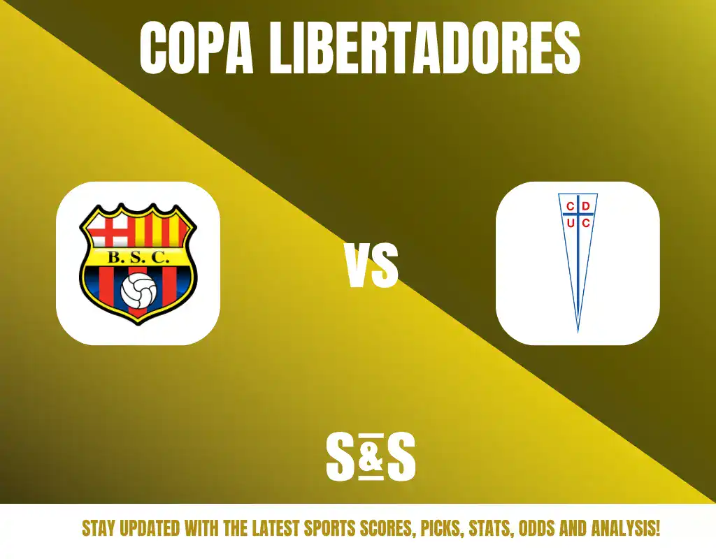 Copa Libertadores logo featuring Barcelona SC and Universidad Catolica logos with a gold background, along with a text banner for staying updated on sports scores, picks, stats, odds, and analysis.