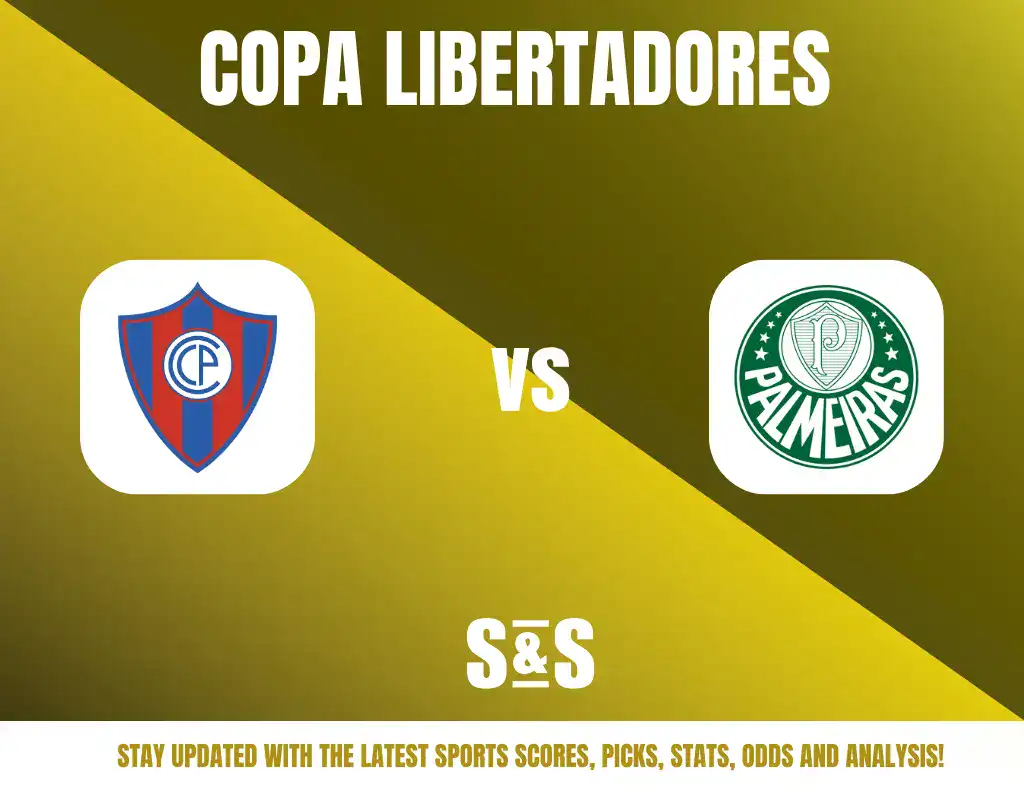 Copa Libertadores graphic featuring logos of two teams: one with a blue and red shield, and the other with a green emblem.