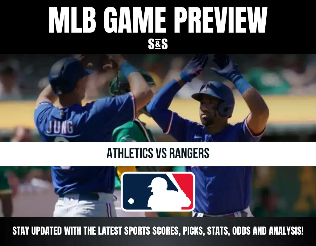 MLB Game Preview featuring a matchup between the Athletics and Rangers, with an emphasis on staying updated with sports picks, stats, odds, and analysis.