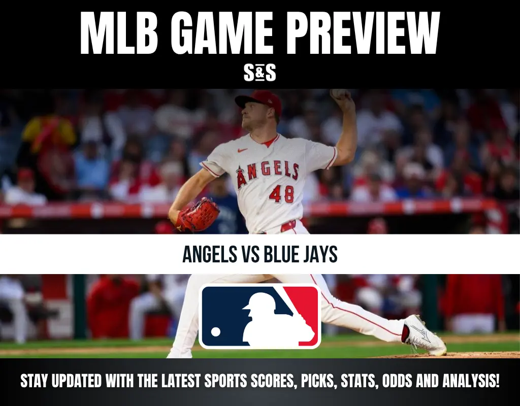 MLB Game Preview for Angels vs Blue Jays featuring a pitcher from the Los Angeles Angels.