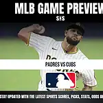 MLB game preview for Padres vs Cubs featuring a pitcher in Padres uniform ready to throw a pitch, with MLB logo and update info.