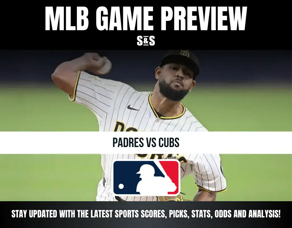 MLB game preview for Padres vs Cubs featuring a pitcher in Padres uniform ready to throw a pitch, with MLB logo and update info.