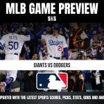 MLB game preview featuring Giants vs Dodgers players celebrating on the field with crowd in the background.