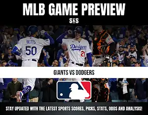 MLB game preview featuring Giants vs Dodgers players celebrating on the field with crowd in the background.