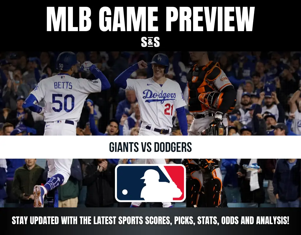 MLB game preview featuring Giants vs Dodgers players celebrating on the field with crowd in the background.