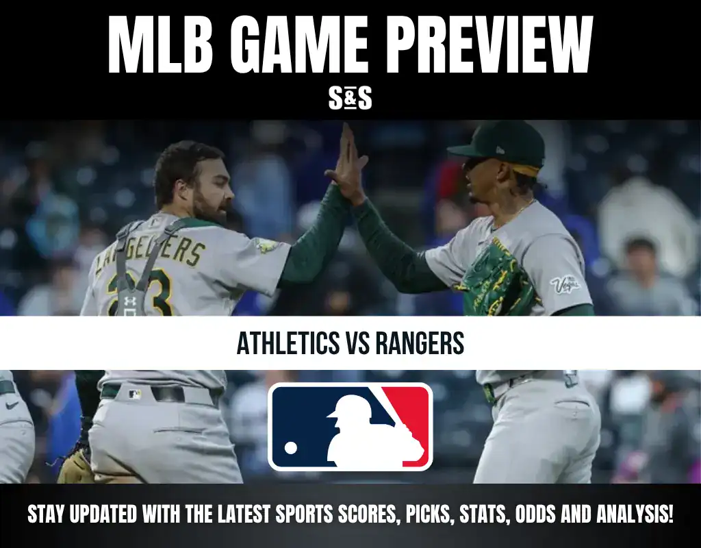 MLB game preview featuring Athletics vs Rangers with players celebrating.