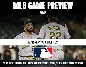 MLB game preview featuring Mariners vs Athletics with two Athletics players celebrating, including one with "McNeil 22" on jersey.