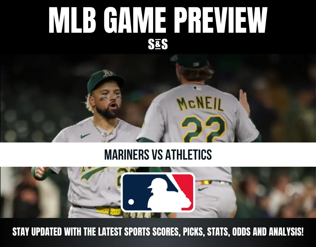 MLB game preview featuring Mariners vs Athletics with two Athletics players celebrating, including one with "McNeil 22" on jersey.