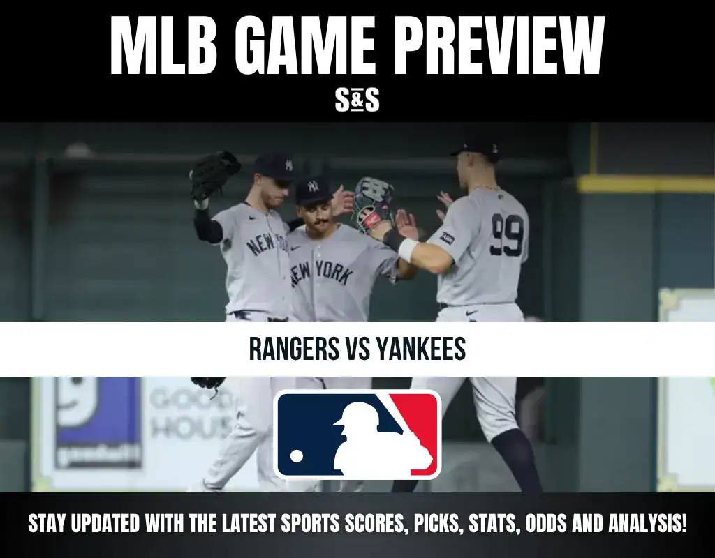 MLB Game Preview featuring Rangers vs Yankees with a logo of Major League Baseball at the bottom.