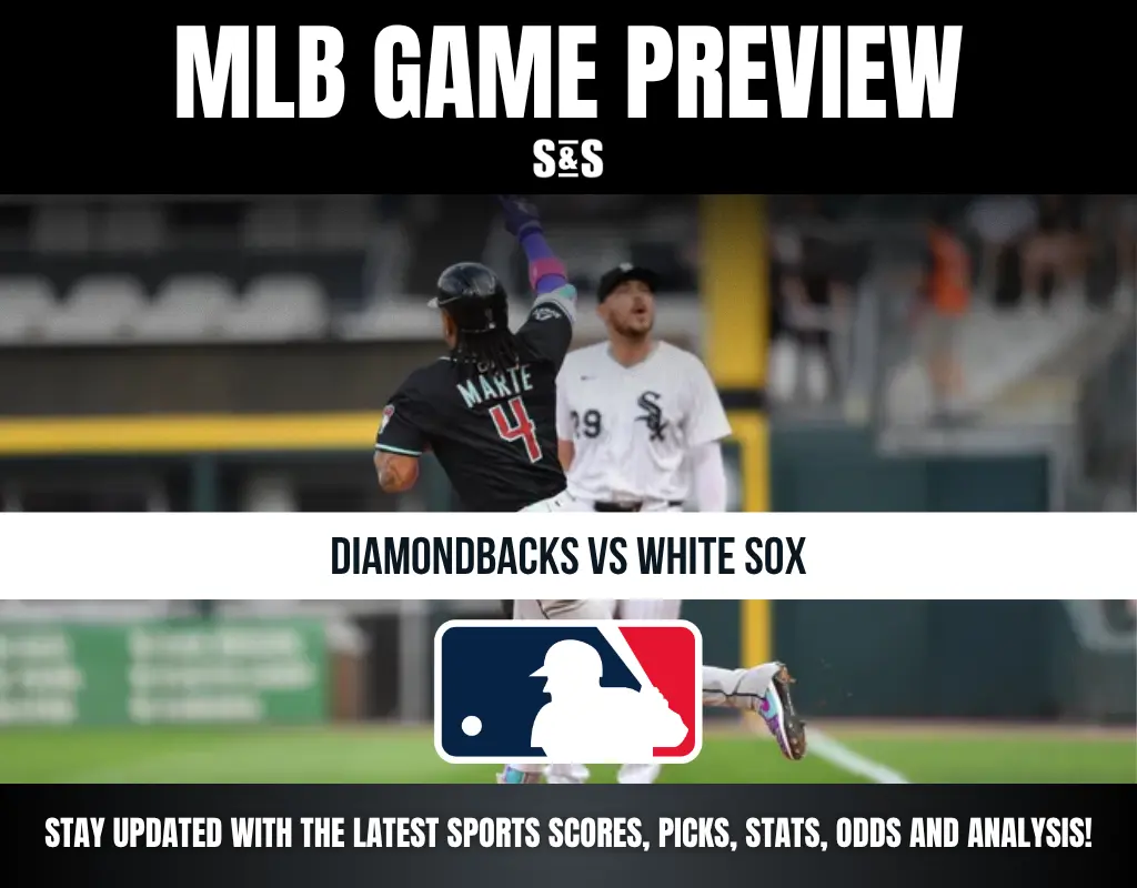 MLB game preview for Diamondbacks vs White Sox with a background image of players on the field in action.
