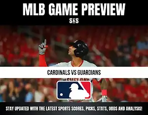 MLB Game Preview featuring a player from the Cardinals vs. Guardians matchup, with text encouraging viewers to stay updated on sports information.