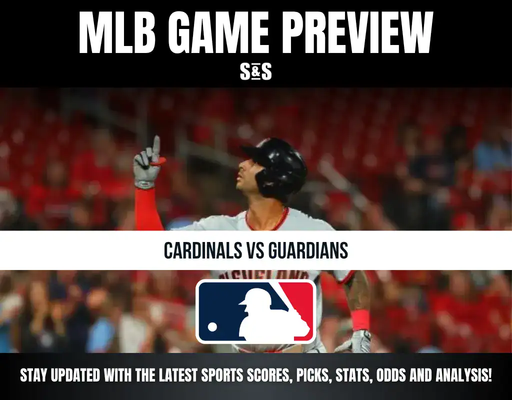 MLB Game Preview featuring a player from the Cardinals vs. Guardians matchup, with text encouraging viewers to stay updated on sports information.