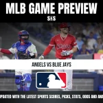 MLB game preview graphic featuring players from the Angels and Blue Jays with text and the MLB logo.