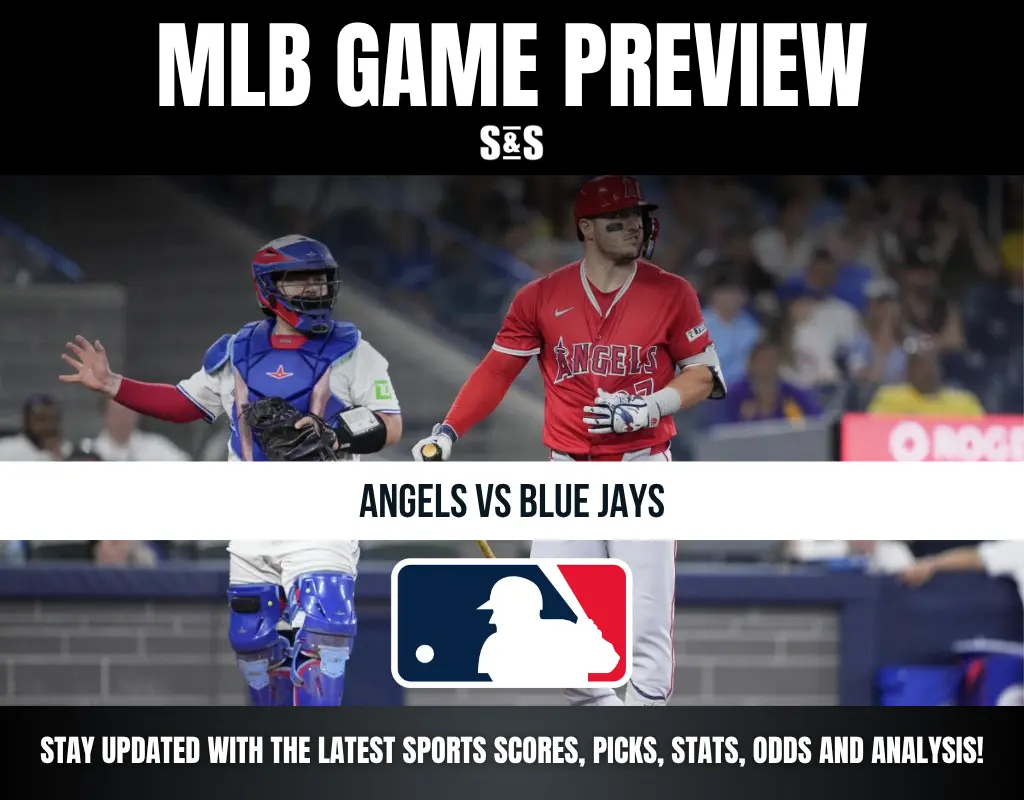 MLB game preview graphic featuring players from the Angels and Blue Jays with text and the MLB logo.