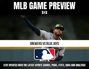 MLB Game Preview featuring Brewers vs Blue Jays with a baseball player in action and the MLB logo.