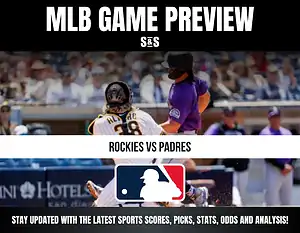 Baseball game preview for Rockies vs Padres with batter and catcher in action and MLB logo.