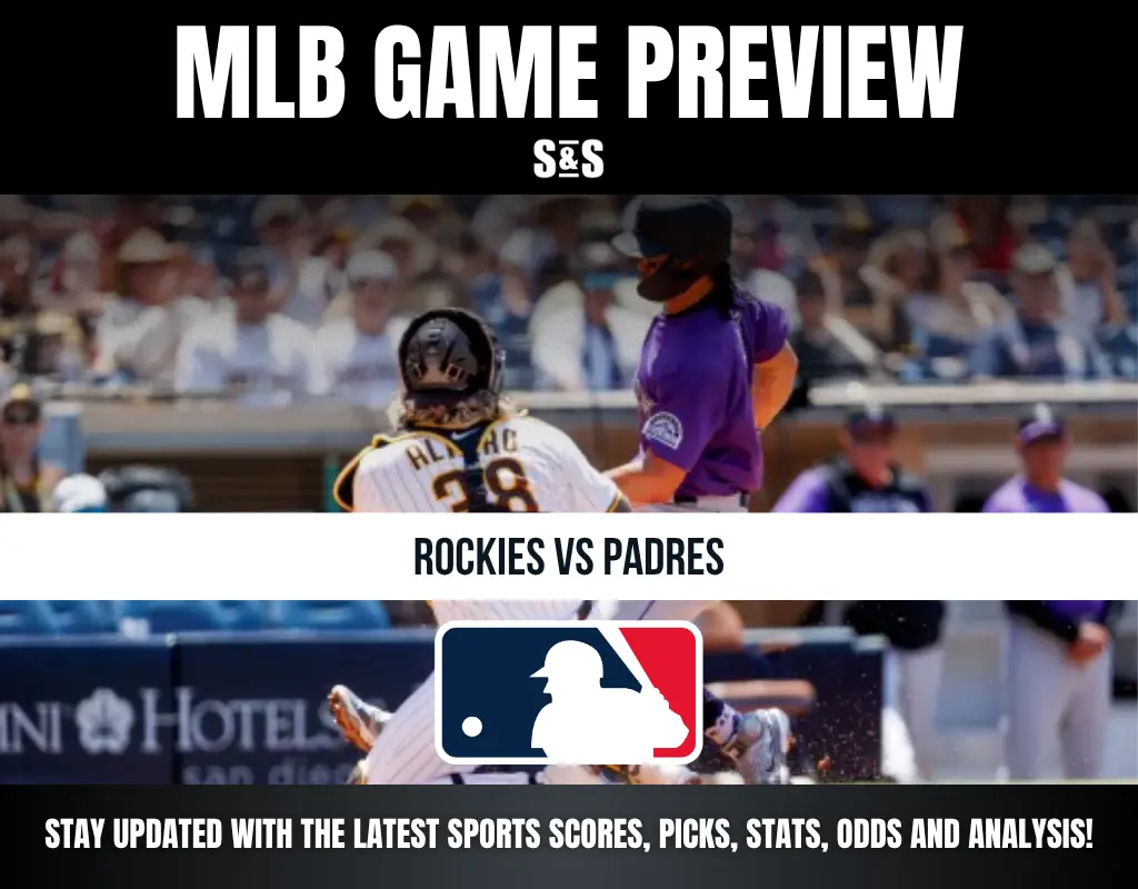 Baseball game preview for Rockies vs Padres with batter and catcher in action and MLB logo.