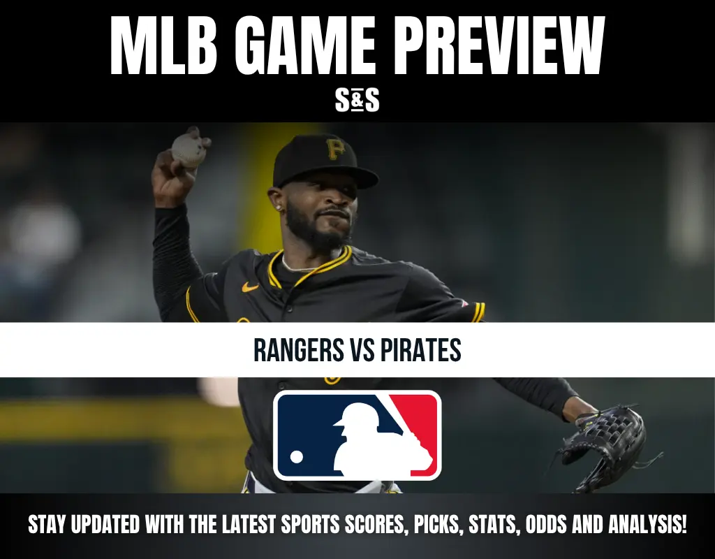 MLB game preview for Rangers vs Pirates featuring a pitcher in a black Pirates uniform mid-throw with MLB logo and game details.
