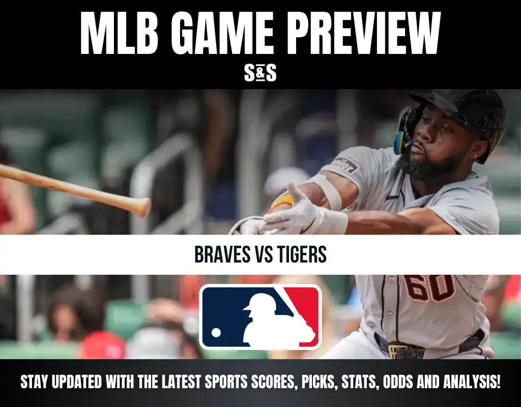 MLB Game Preview for Braves vs Tigers, featuring a player making contact with the baseball. Stay updated with the latest sports scores, picks, stats, odds, and analysis.