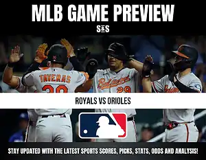 MLB Game Preview featuring Royals vs Orioles with a group of players celebrating.