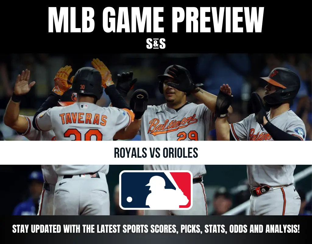 MLB Game Preview featuring Royals vs Orioles with a group of players celebrating.
