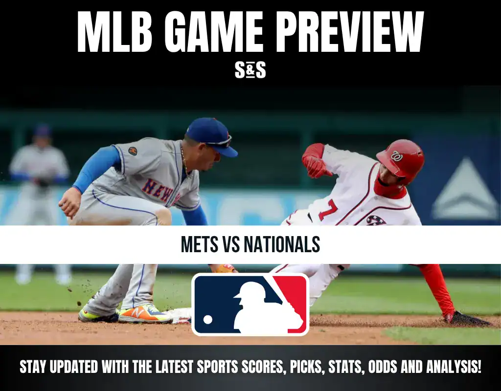 MLB Game Preview featuring Mets vs Nationals, with a player sliding into base.