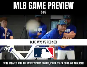 MLB Game Preview featuring Blue Jays vs Red Sox, with a call to stay updated on sports scores, picks, stats, odds, and analysis.