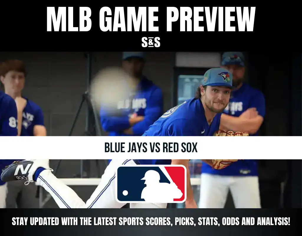MLB Game Preview featuring Blue Jays vs Red Sox, with a call to stay updated on sports scores, picks, stats, odds, and analysis.