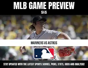 MLB Game Preview featuring a player in a Mariners uniform, with the matchup between the Mariners and Astros.
